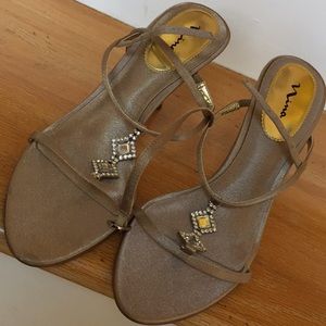 Nina strappy taupe crystal T-strap satin 3.5” heel